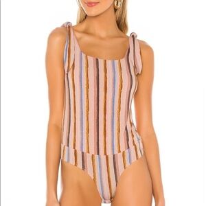 NWT BCBGeneration Revolve Multi Color Striped Tie Shoulder Thong Bodysuit